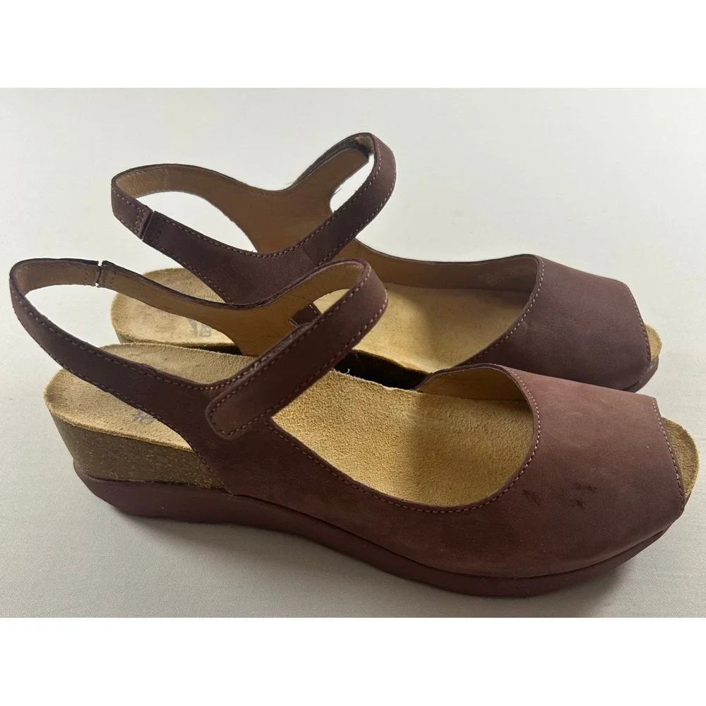Dansko Marcy Sandals Womens 38 / 7.5-8 Rose Nubuck Leather Peep Toe Cork Heel